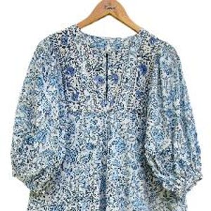 summer blue floral hand block printed long umbrella maxi dress - Henley neckline with button cotton dress - 3/4th sleeve bohemian maxi