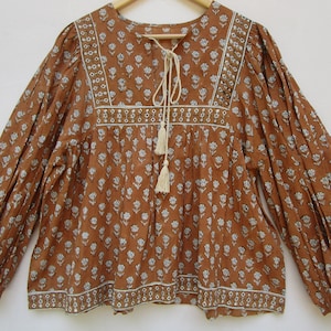 Cotton brown floral print women's blouse - Henley neck with tassel women wear blouse - long sleeve blouse