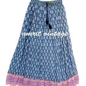 Indigo Blue Hand Block Print Cotton Skirt – Boho Mid-Length Skirt with Tassel Tie & Zigzag Hem – Indian Summer Wrap Skirt