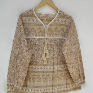 beige floral screen printed cotton tops and blouse - v neckline with tassel blouse - long sleeve bohemian blouse tops