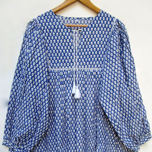 royal blues little floral printed cotton blouse and tops - Henley neckline with tassel blouse - long sleeve with buttons blouse - with lace