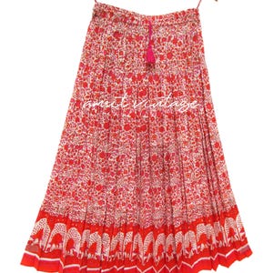 orange-pink screen printed cotton long summer maxi skirts - broomstick style with tassel bohemian maxi skirts