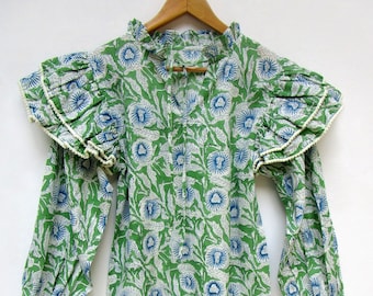 trendy look floral printed cotton blouse and tops - Henley neckline with cotton ties summer blouse - long sleeve with pompom lace tunics