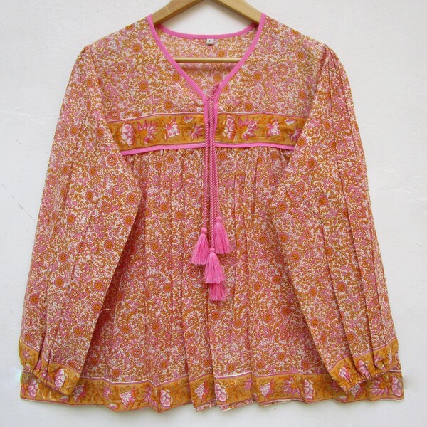 yellow pink regular flower design Indian blouse and tops - v neckline with tassel boho tops and blouse - long sleeve summer blouse and tops