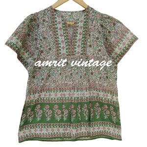 Green Pink Floral Block Print Cotton Blouse – Boho Peasant Top with Split Neck – Summer Indian Tunic Shirt
