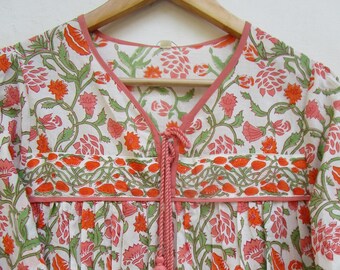 summer orange-green hand block printed blouse tops - v neckline with tassel bohemian blouse and tops - long sleeve floral cotton blouse