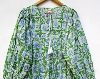 ethnic green blue cool colors printed blouse - Henley neckline with tassel blouse - long sleeve with buttons blouse - with lace tops