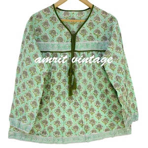 Green Floral Block Print Cotton Blouse – Boho Indian Tunic Top with Tassels – Handcrafted Long Sleeve Kurta Style