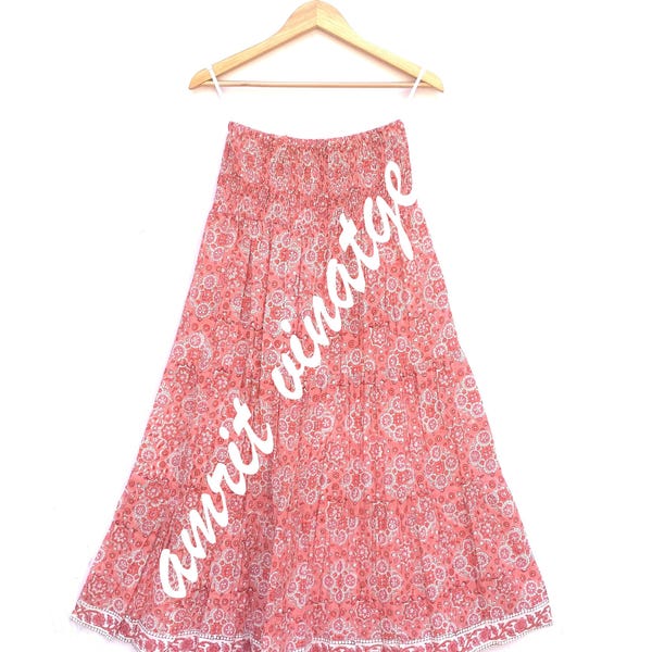 Falda larga rosa estampada a mano estilo indio para mujer, ideal para el verano.