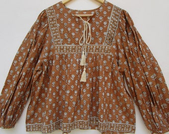 Cotton brown floral print women's blouse - Henley neck with tassel women wear blouse - long sleeve blouse