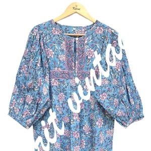Blue Floral Cotton Midi Dress – Puff Sleeve Block Print Boho Dress with Ruffle Hem – Cottagecore Style