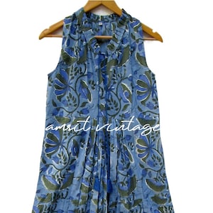 Vestido de algodón sin mangas con estampado floral azul verdoso, cuello con volantes, estampado a mano, estilo bohemio, estilo indio de verano con borlas.