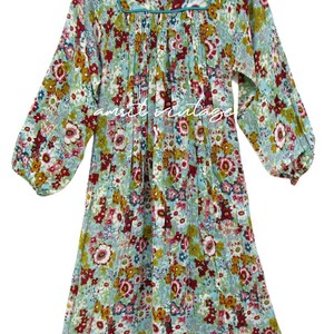 Multicolor Floral Hand Block Printed Cotton Mini Dress – Boho Long Sleeve Pleated Tunic Dress with Yoke Detail – Vintage Indian Smock Dress