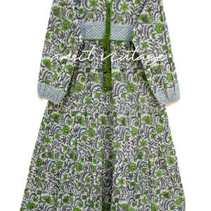 Green Floral Hand Block Printed Cotton Maxi Dress – Boho V Neck Long Dress with Tassel Tie and Waistband – Indian Ethnic Dress