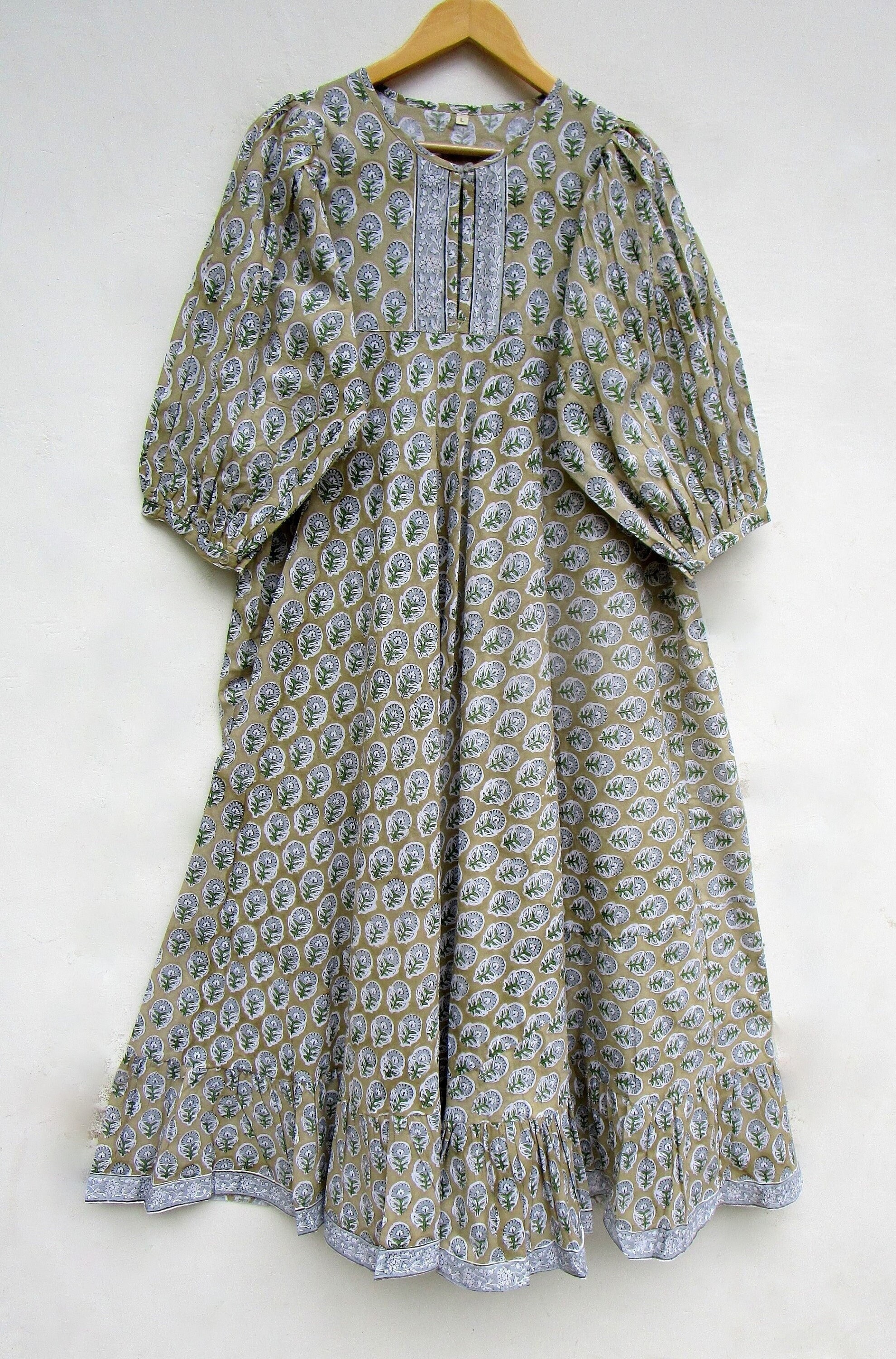 summer cotton green yellow floral hand block printed women's maxi skirts