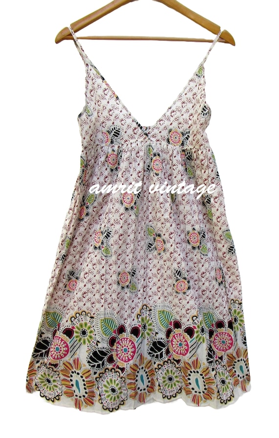 Floral Cotton Spaghetti Strap Mini Dress - Boho Block Print Sundress - Lightweight Summer Beach Dress