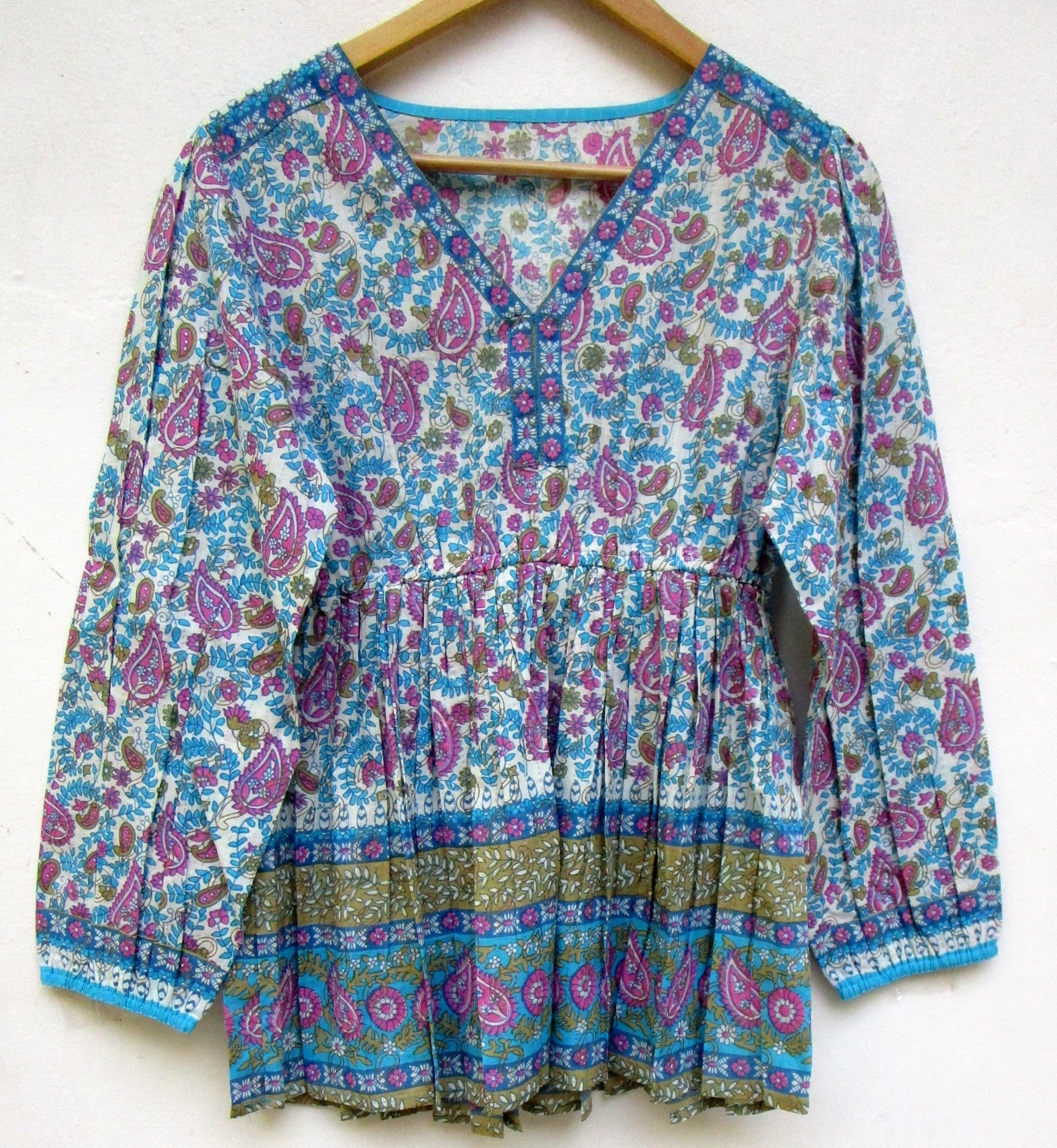 Boho Paisley Floral Cotton Top – Vintage Indian Block Print Blouse