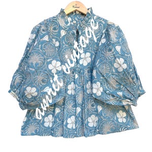 Blue Floral Cotton Boho Blouse – Hand Block Printed Puff Sleeve Top – Ruffle Neck Indian Tunic Shirt for Women