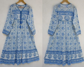 light blue floral printed cotton long maxi dress - v neckline with tassel summer long maxi dress - long sleeve bohemian long maxi dress