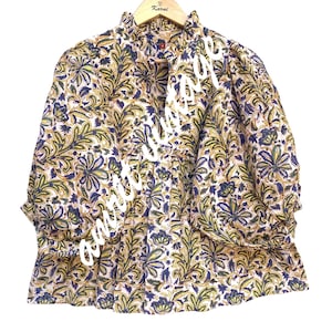 Floral Hand Block Printed Cotton Blouse – Puff Sleeve Frill Neck Boho Indian Top for Women – Vintage Style Shirt