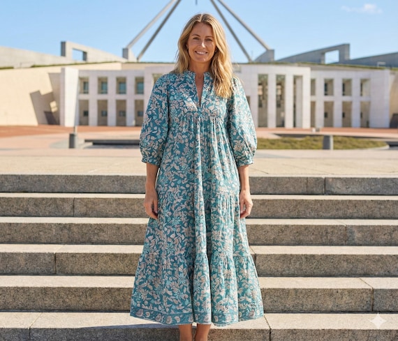 teal boho maxi dress Shop Delia Block Print Cotton Maxi Dress