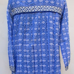 Blue Floral Block Print Cotton Blouse – Long Sleeve Boho Top with Tassels – Indian Handmade Peasant Shirt – Lightweight Summer Kurti image 6