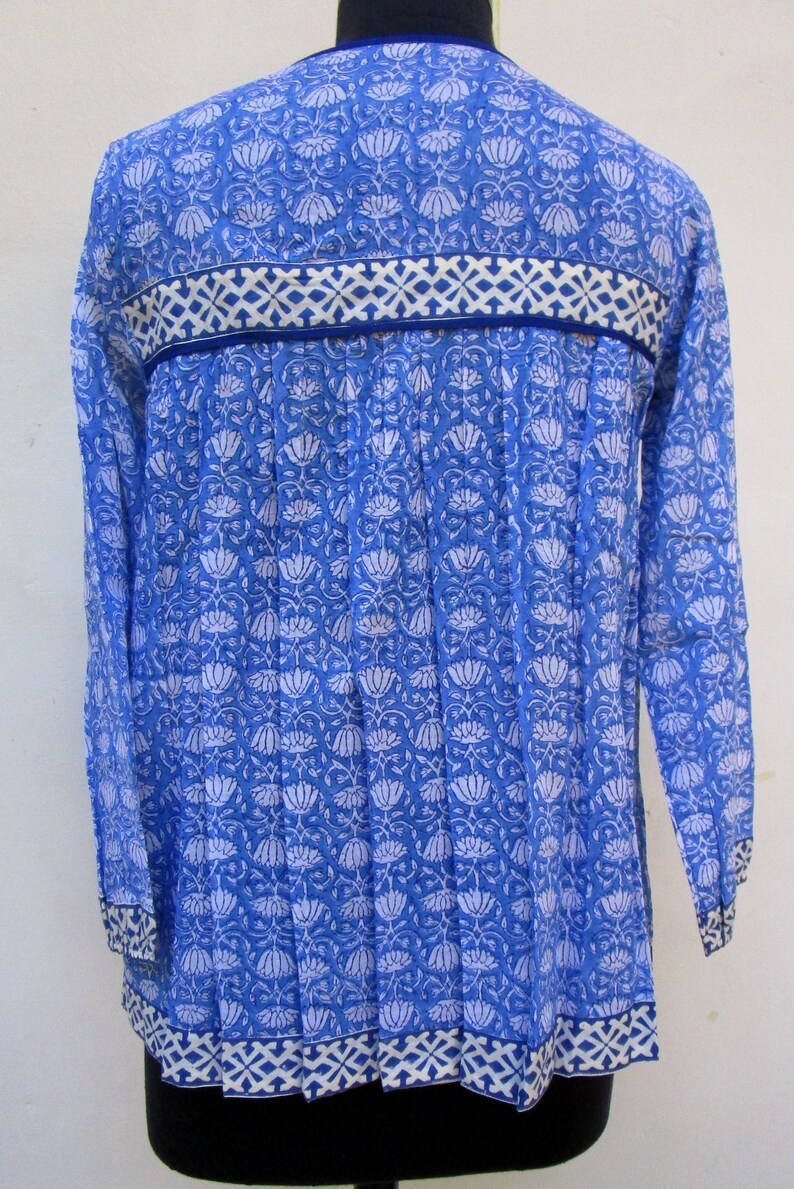 Blue Floral Block Print Cotton Blouse – Long Sleeve Boho Top with Tassels – Indian Handmade Peasant Shirt – Lightweight Summer Kurti image 6