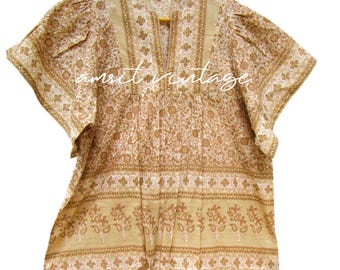 beige flower printed blouse and tops - split neckline women wear blouse - short sleeve tunics