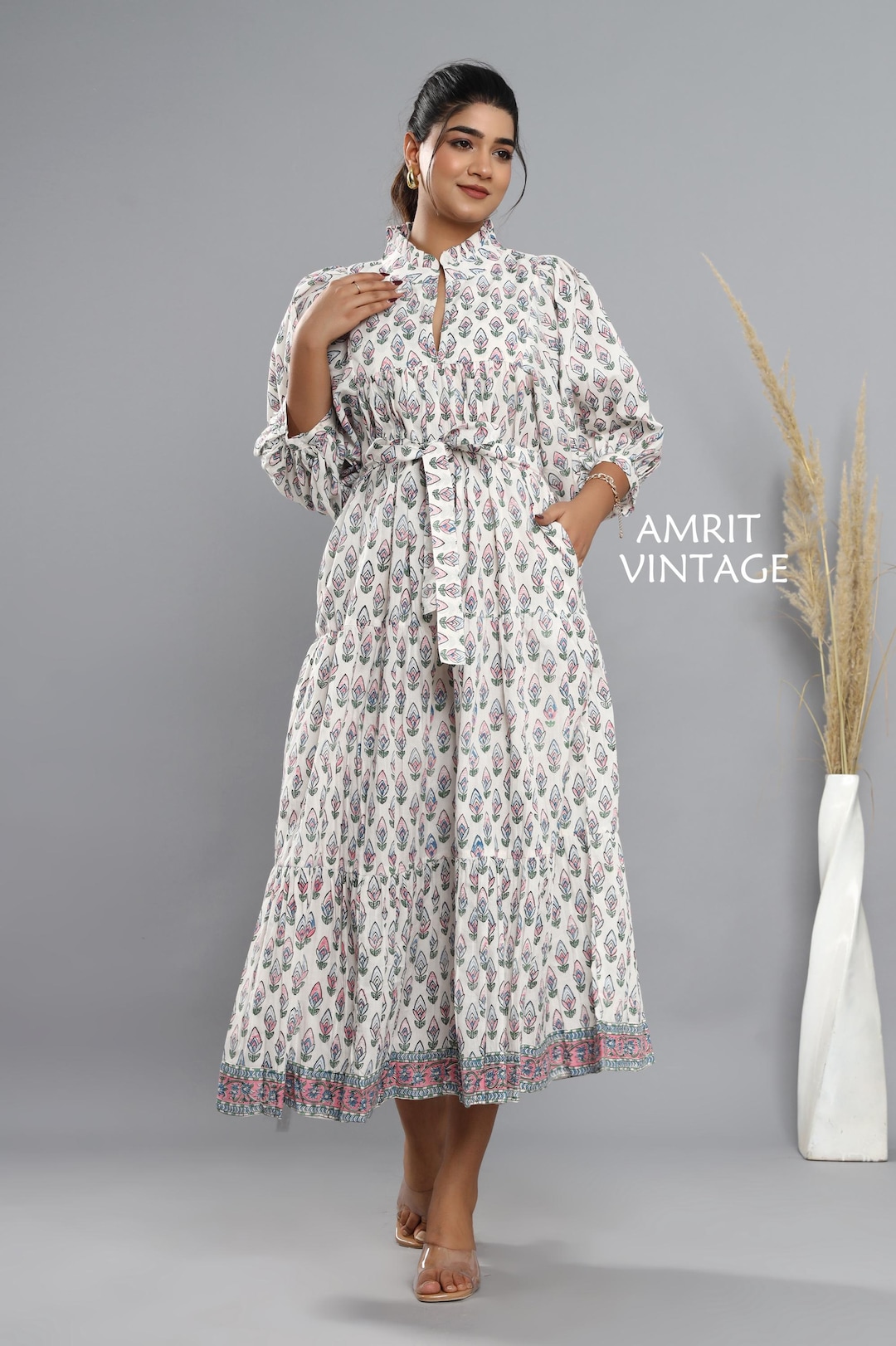White Floral Block Print Cotton Maxi Dress – Belted Boho