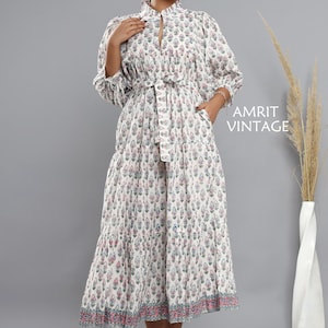 White Floral Block Print Cotton Maxi Dress – Belted Boho Long Sleeve Summer Dress with Collared Neck – Handmade Indian Dress