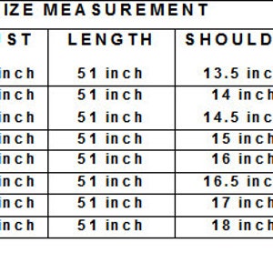 May include: Size chart for clothing with measurements in inches for bust, length, and shoulder. Sizes include XXS, XS, S, M, L, XL, XXL, and XXXL.