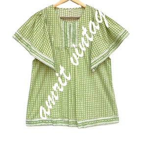 Green Checkered Cotton Hand Block Printed Top – Boho Boxy Fit Short Sleeve Blouse – Lightweight Summer Tunic Shirt