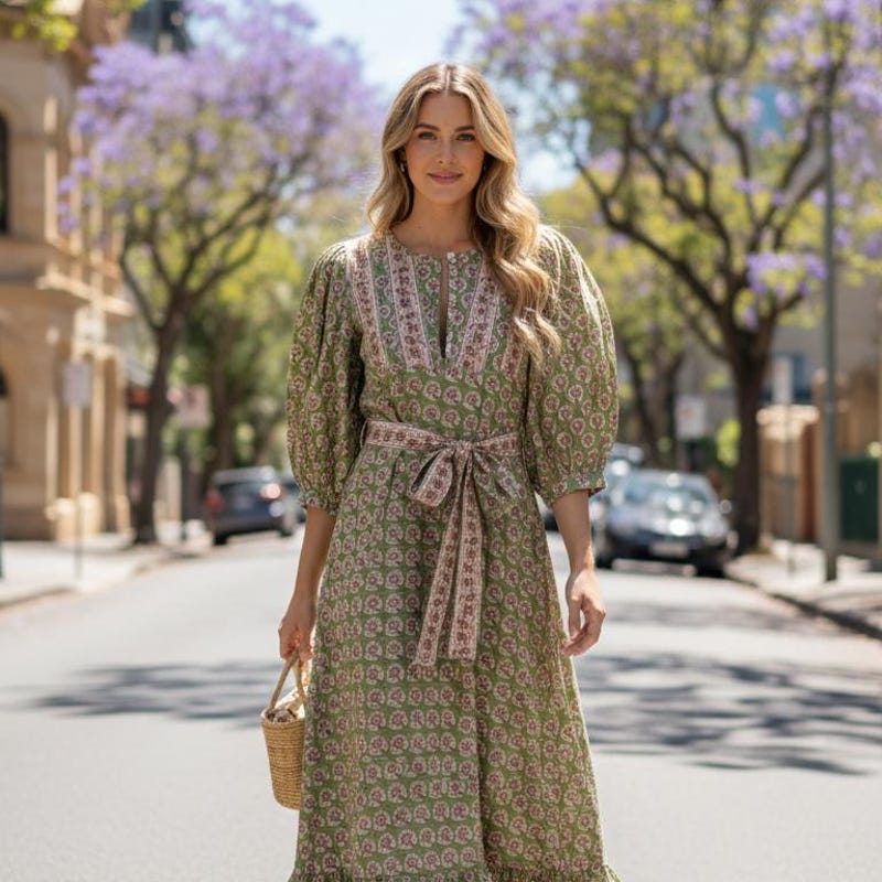 Olive Green Floral Hand Block Printed Cotton Maxi Dress – Indian Boho Tiered Long Dress