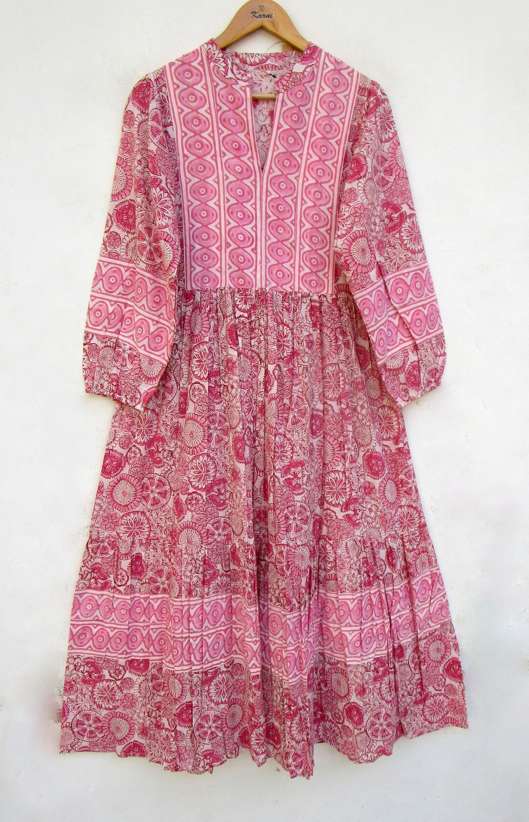Pink Beautiful Floral Printed Maxi Dress Collared Neckline Dress Long ...