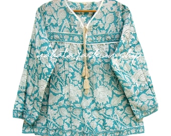 casual wear Indian printed blouse tops - v neckline with tassel blouse and tops - long sleeve boho blouse