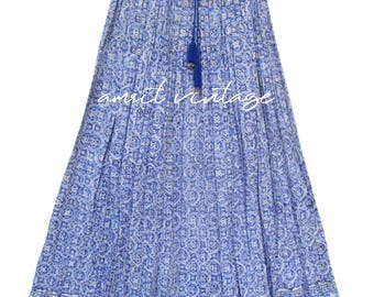 bohemian blue geometrical block printed summer maxi skirts - broomstick style long cotton maxi skirts