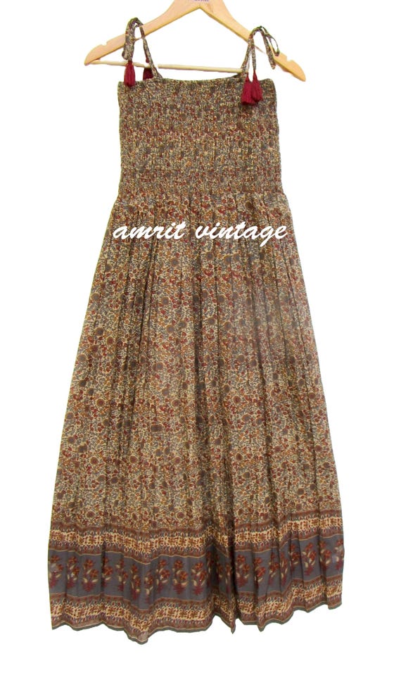 Boho Floral Cotton Smocked Maxi Dress - Tassel Tie Strap Dress - Hand Block Printed Brown Vintage Sundress - Summer Cottagecore