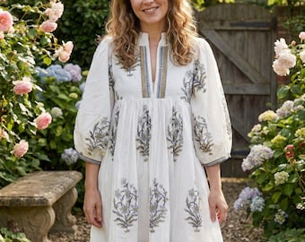 Ivory Floral Screen Printed Cotton Mini Dress – Puff Sleeve Boho Dress