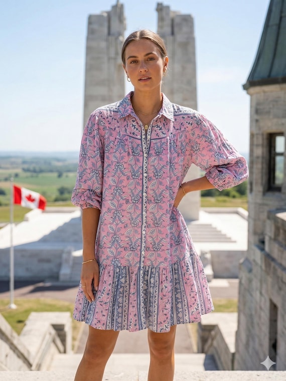 Pink Blue Floral Hand Block Print Cotton Mini Dress