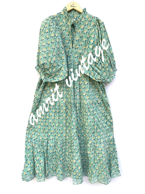 cotton green-yellow floral printed women's maxi dress - frill collar with belt summer cotton boho dress