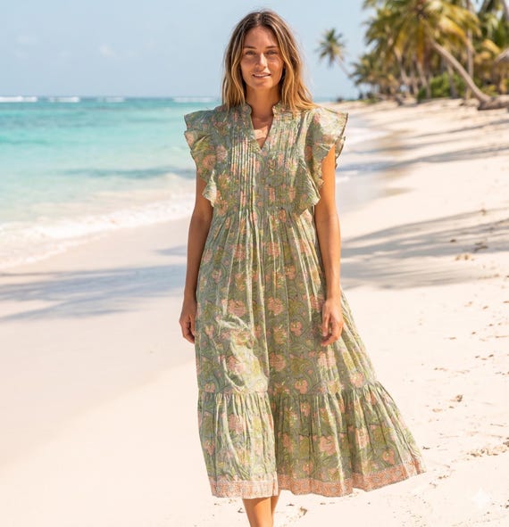 green floral dress australia Sage Hand Block Printed Cotton Maxi – Boho Tiered Summer Dress green floral midi dress