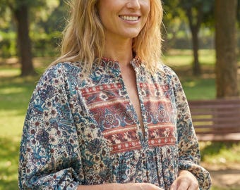 Vintage Blue Floral Screen Printed Cotton Mini Dress – Indian Boho Puff Sleeve Dress