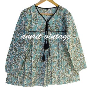 Teal Paisley Cotton Boho Blouse – Hand Block Printed Long Sleeve Top – Tie Neck Peasant Tunic – Lightweight Indian Kurta Style Shirt