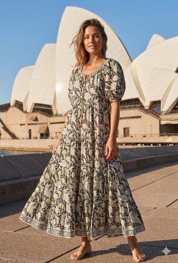 boho tiered dress Satin Floral Maxi For Women Fully lined material with and abstract floral print Brown & Sage Floral Hand