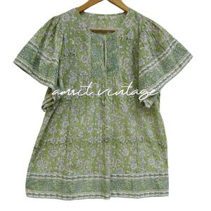 Green Floral Hand Block Printed Cotton Tunic Top – Boho Short Sleeve Indian Blouse with Embroidered Yoke