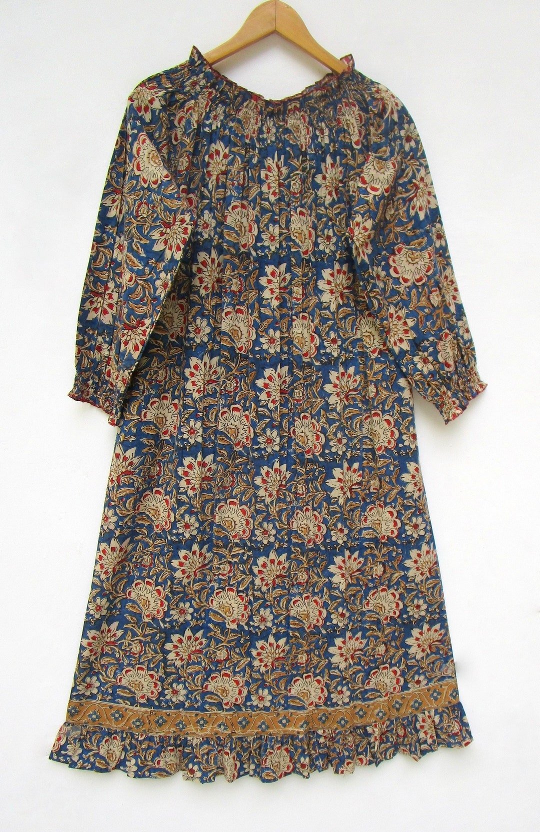 Beige - Kalamkari Block Printed Cotton Flared Dress