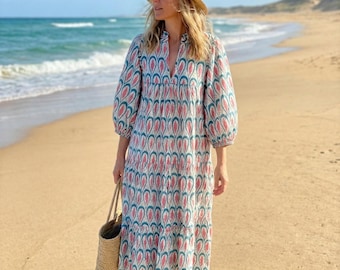 Ivory Teal Leaf Hand Block Printed Cotton Midi Dress – Puff Sleeve Boho Tiered Dress