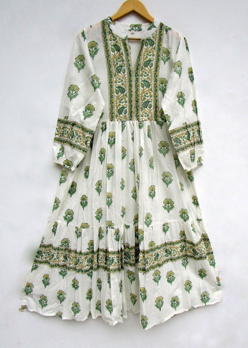 summer big boota block printed long maxi dress - v collared neckline bohemian dress - long sleeve cotton maxi image 1