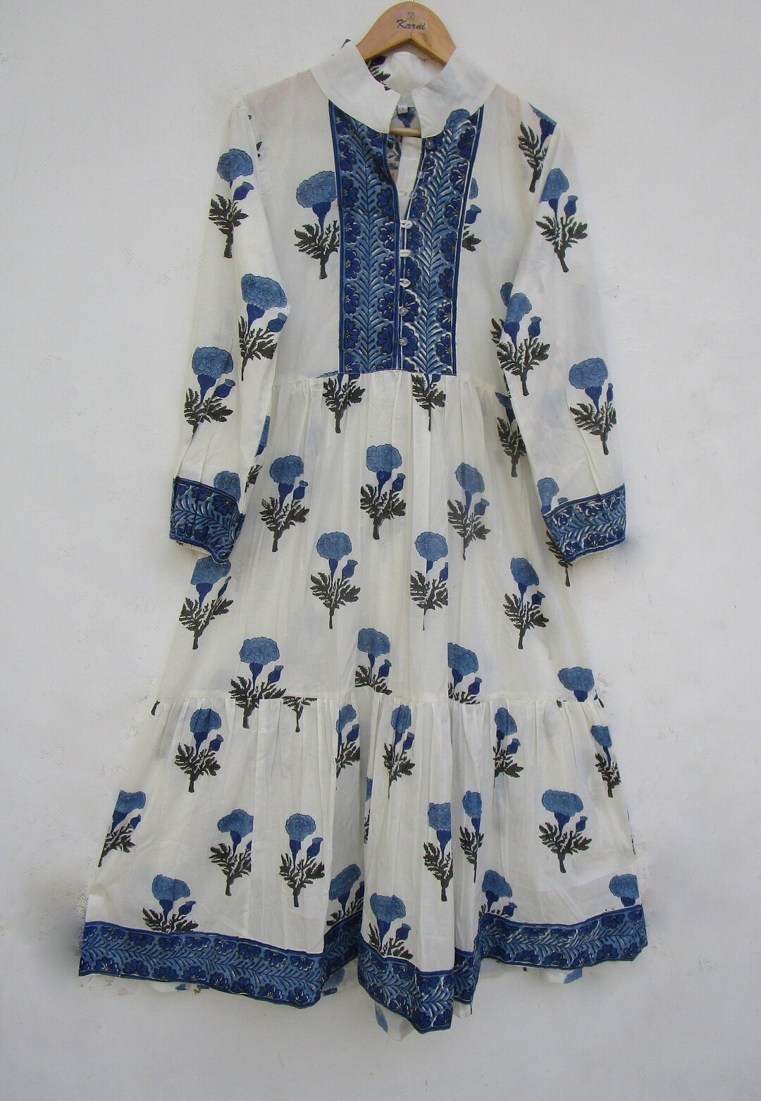 Floral Boota Printed Cotton Long Maxi Dress - Collared Neckline With ...