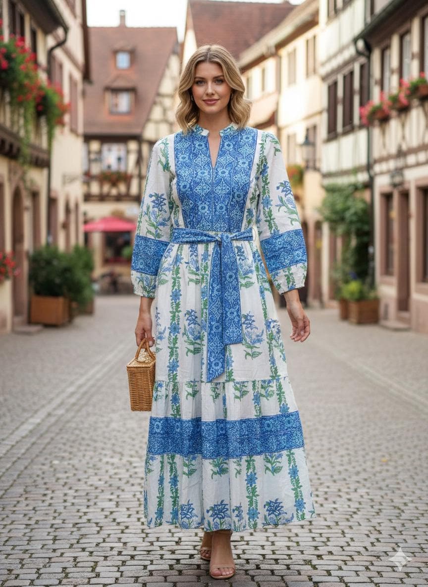 Blue Floral Hand Block Printed Cotton Maxi Dress – Boho Tiered